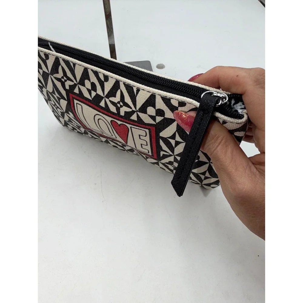 Brighton LOVE Heart Geometric Canvas Zipper Pouch Cosmetic Bag Black Cream Red